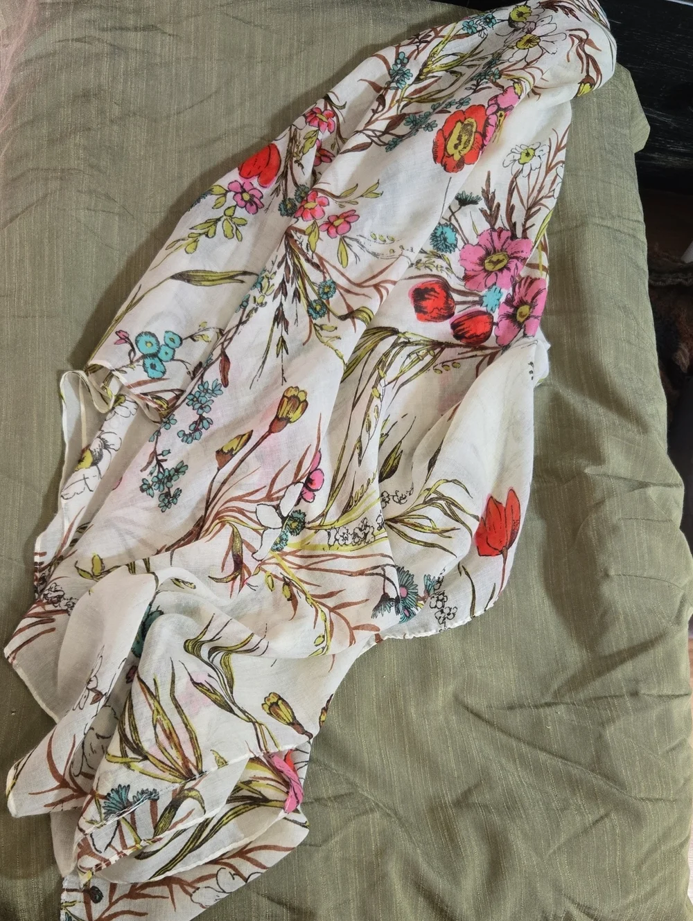 Floral Voile Scarf in Cream with Pink & Red Blooms